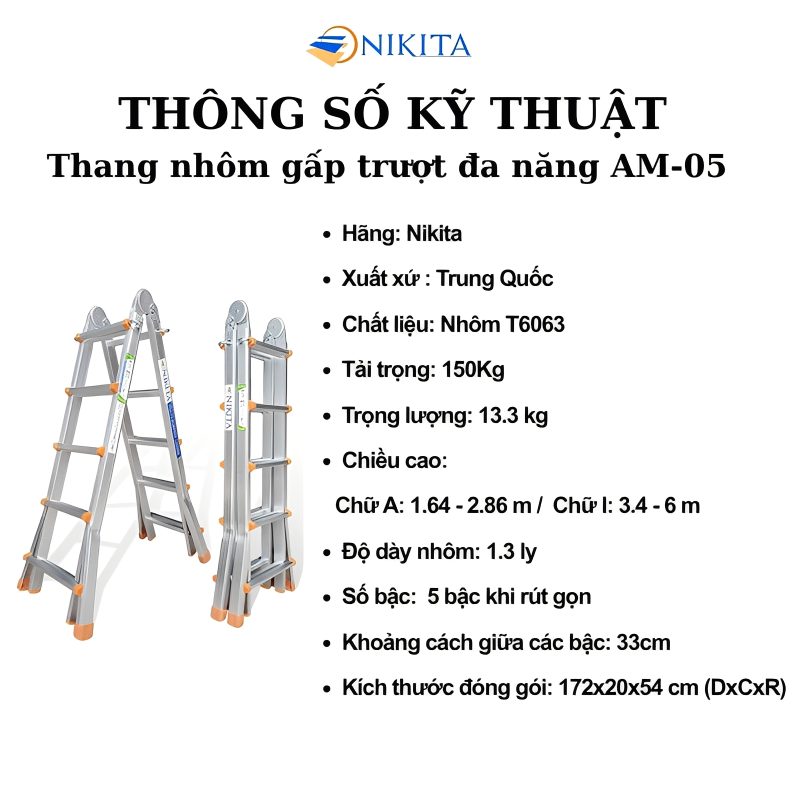 Bảng thông số kỹ thuật thang nhôm gấp trượt đa năng AM05