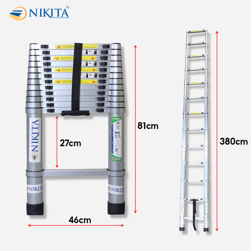 Kích thước thang rút đơn đai nhôm Nikita NKT-R38