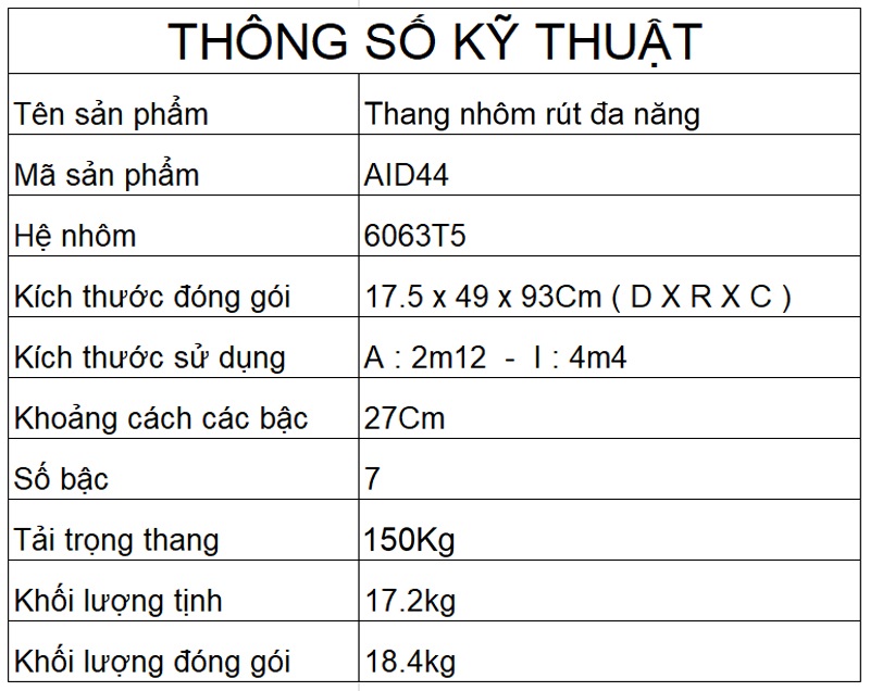 Thông số kỹ thuật thang nhôm rút đa năng Nikita NKT-AID44